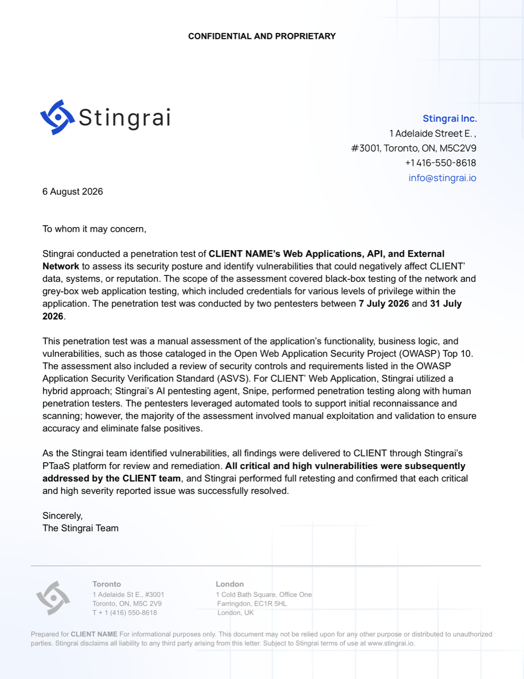Stingrai attestation letter confirming the penetration test scope and retest results
