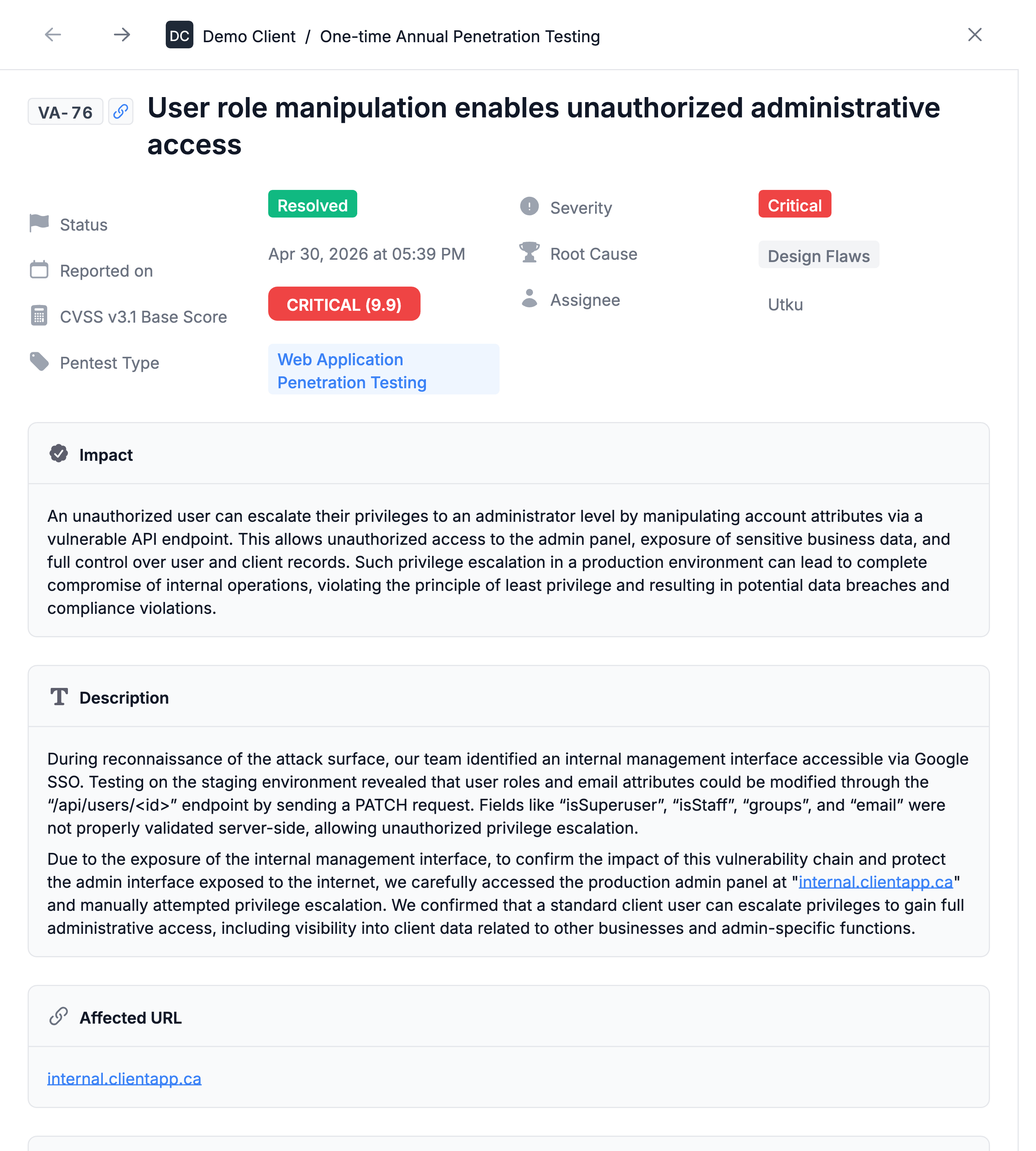 A resolved critical finding in the Stingrai PTaaS platform: user role manipulation enabling unauthorized administrative access, with status, CVSS score, impact and description