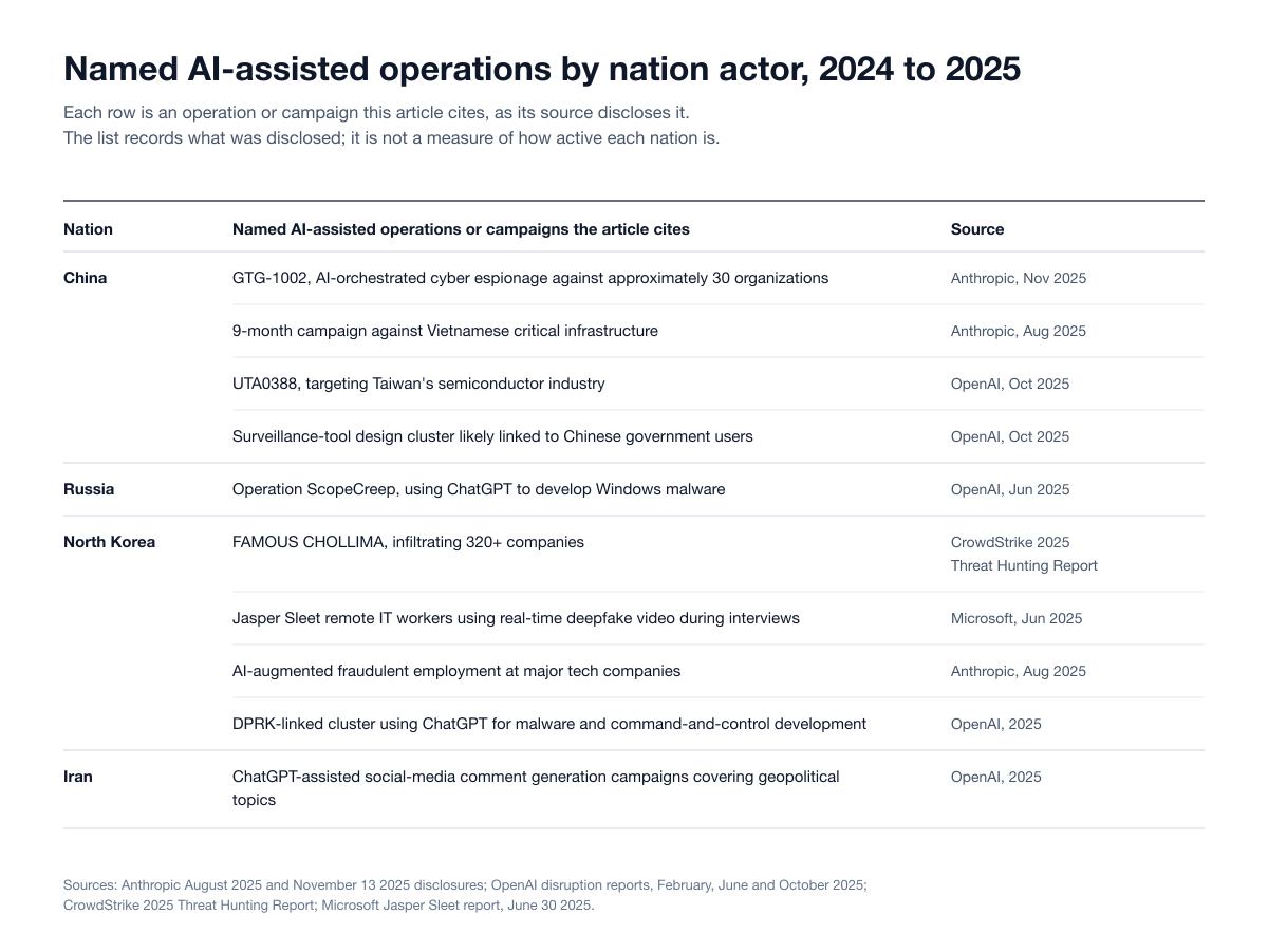 Table of named AI-assisted operations by nation actor, 2024 to 2025, from GTG-1002 and UTA0388 to Operation ScopeCreep, FAMOUS CHOLLIMA and Iran's ChatGPT-assisted comment campaigns